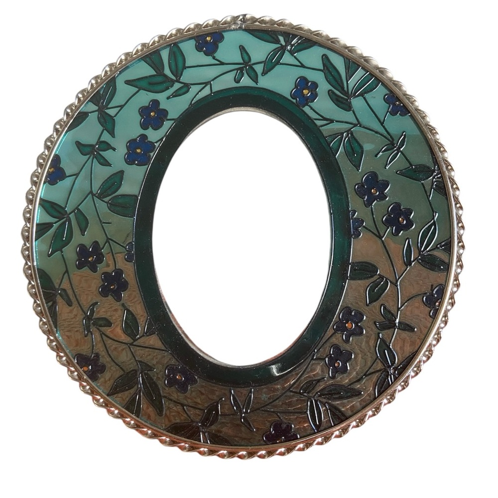 Vintage. Blue glass frame with flowers on it